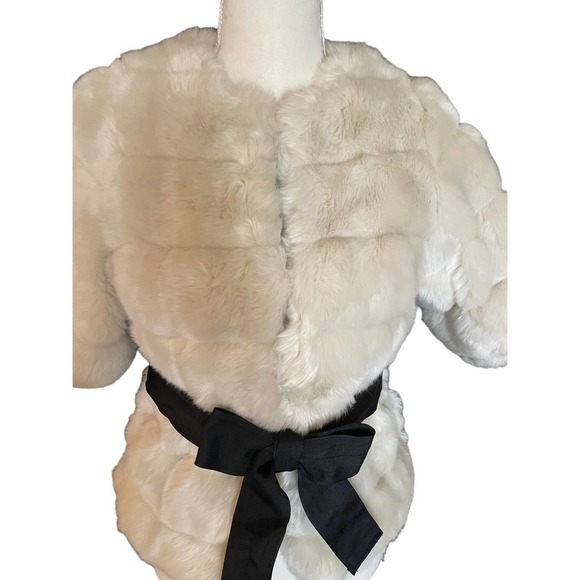MM Couture by Miss Me Womens Faux Fur Jacket Tie-Waist 3/4 Sleeve Size S Cream - Picture 2 of 13